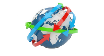 Global network of interconnected arrows circling a stylized earth representing international connections and communication isolated on transparent background