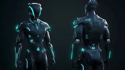 Futuristic robot with dark armored exoskeleton blue neon accents for artificial intelligence cyberpunk innovation technology sci-fi design future machine power cyber vision robotics concept