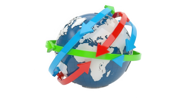 Global network of interconnected arrows circling a stylized earth representing international connections and communication isolated on transparent background