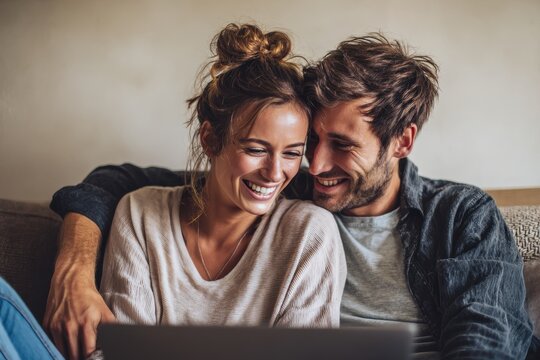 Joyful young couple casually relaxing on the couch at home using a laptop sharing laughs - Powered by Adobe