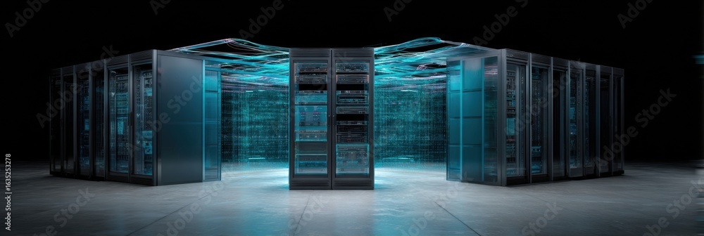 Poster advanced data center technology showcasing high-performance servers and network infrastructure in a 