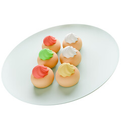 3D Six assorted cupcakes with vibrant icing colors placed diagonally on a white plate, captured at an angle on a plain background.

