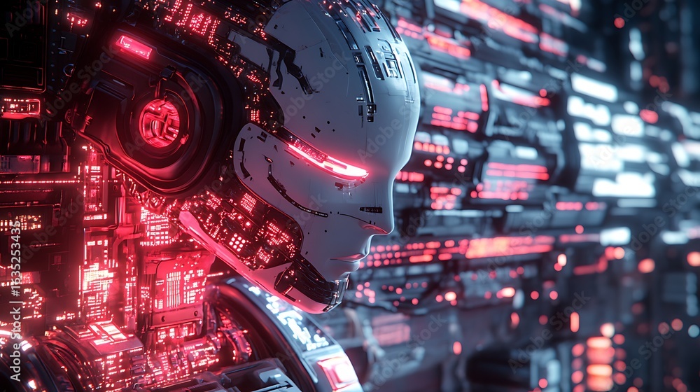 Aufkleber futuristic ai robot with glowing red eyes and pale head set against red-lit circuitry and mechanical