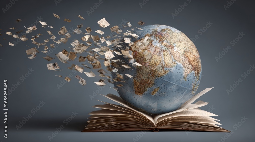 Poster digital transformation of knowledge through a globe and book with flying images representing global 