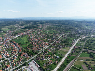 Lazarevac, Kolubara district of Serbia. Drone view of the city on a sunny day.