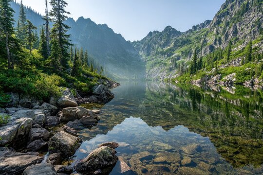 Serene mountain lake reflecting a misty morning sky