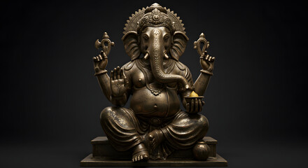 A detailed bronze statue of the Hindu deity Ganesha, seated and adorned.