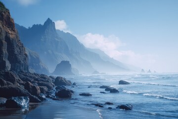 Misty coastal landscape with dramatic cliffs and waves