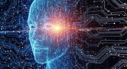 Abstract digital representation of a human head overlaid on a complex circuit board, suggesting artificial intelligence or advanced technology.