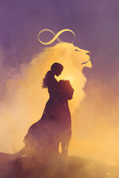 Mystical Digital Art of Woman Silhouette Embracing Glowing Lion with Infinity Symbol in Purple and Gold
