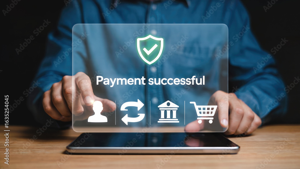 Poster securely completing online transactions with a successful payment confirmation on a digital interfac