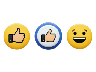 Three social media icons featuring a thumbs up symbol and a happy emoji isolated on transparent background