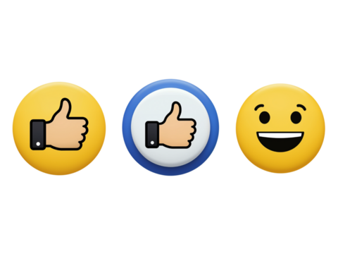 Three social media icons featuring a thumbs up symbol and a happy emoji isolated on transparent background