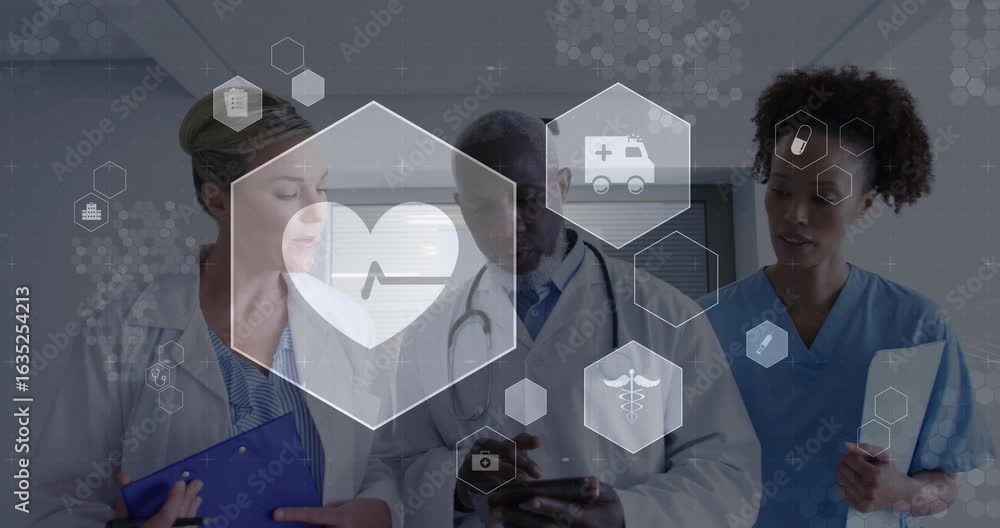 Aufkleber medical team walking corridor tapping tablet and monitoring heart rate with pulsing hex interface