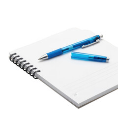 Illustration of spiral notebook with blue pen isolated on transparent background for writing and note taking