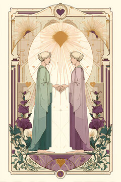 Art Deco Illustration of Two Angels Facing Each Other Under Golden Sun in Ornate Frame