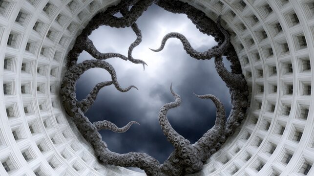 Dark textured octopus tentacles emerging from a white grid like structure against a stormy sky