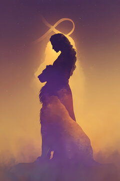 Mystical Digital Art of Woman Silhouette Embracing Glowing Lion with Infinity Symbol in Purple and Gold