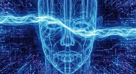 A glowing blue wireframe face representing artificial intelligence with an energy wave passing through its eyes.