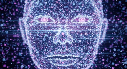 A futuristic digital face composed of glowing blue and purple particles with a light beam scanning its eyes.