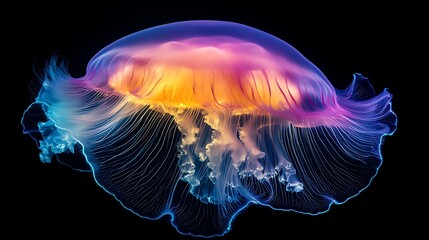 Close-up of glowing jellyfish with bioluminescent colors of blue pink gold swimming through dark ocean for marine life science nature underwater mystery beauty art deep sea exploration concept