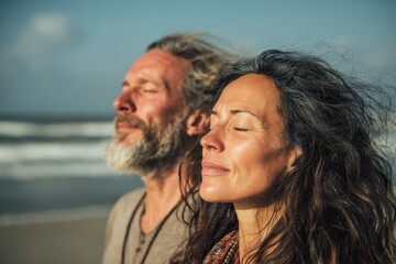 Obraz premium Image of a couple calmly inhaling fresh air by the seaside