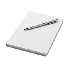 Illustration of white notebook with a silver pen on top isolated on transparent background
