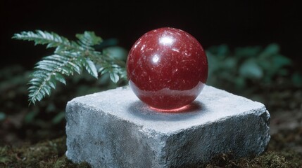 A smooth translucent red sphere rests on a textured gray stone with a blurred green fern in the background