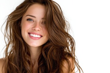 Naklejka premium Image of a joyful woman with brown hair against a white backdrop