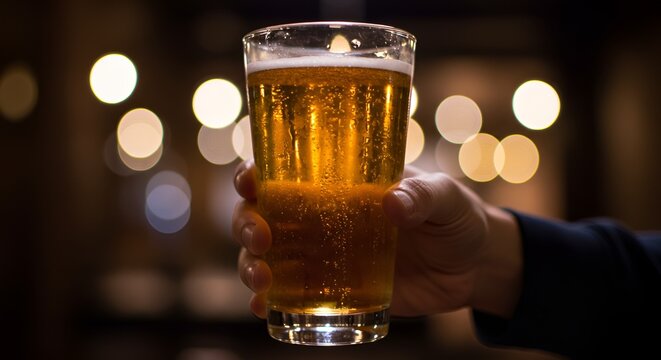 Golden beer in a glass, held by a hand, warmly lit with a bokeh background for a relaxing vibe