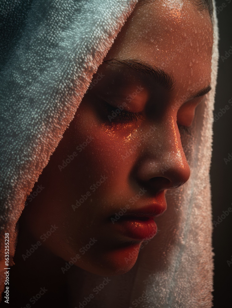 Aufkleber steam facial session with towel over head creating a moody atmosphere in a calming salon environment