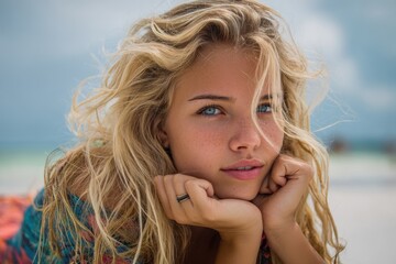 Naklejka premium Image of a serene young blonde relaxing by the shore