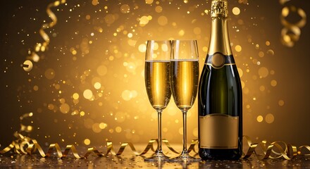 Golden champagne bottle and flute glasses sparkle with celebration, ribbons and bokeh glow elegantly