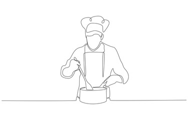 Continuous one line drawing of chef cooking in kitchen stirring a pot, single line art