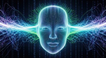 Serene digital face emits vibrant energy streams, binary code background.