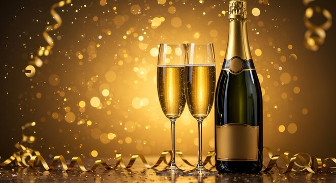 Golden champagne bottle and flute glasses sparkle with celebration, ribbons and bokeh glow elegantly
