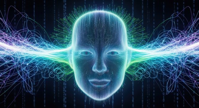 Serene digital face emits vibrant energy streams, binary code background.