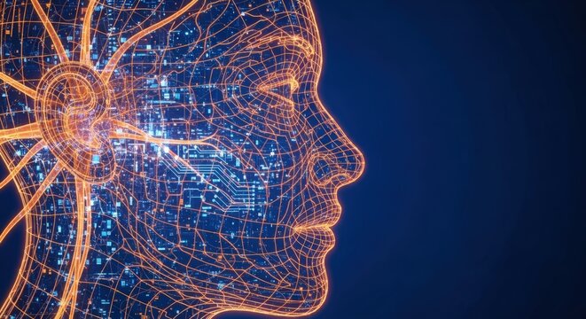 A luminous wireframe human head in profile, composed of intricate digital connections and glowing data points, representing artificial intelligence or advanced technology.