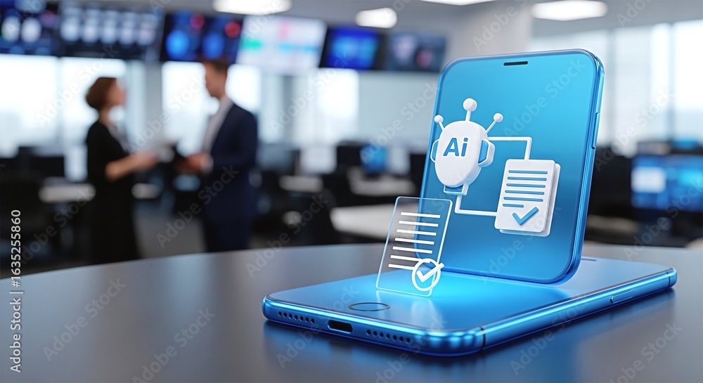 Aufkleber artificial intelligence ai document processing on smartphone in modern office