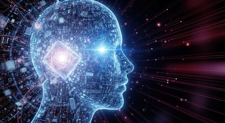 Digital rendering of a human head, composed of circuit board elements, symbolizing artificial intelligence and technological advancement.