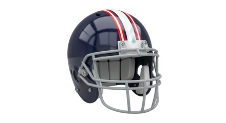 A detailed view of a dark blue american football helmet with red and white stripes and a silver facemask isolated on transparent background
