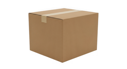 A tall closed cardboard shipping box with tape sealing the top seam isolated on transparent background