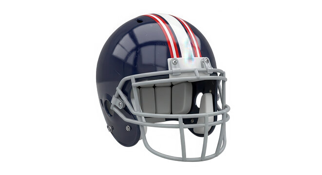 A detailed view of a dark blue american football helmet with red and white stripes and a silver facemask isolated on transparent background