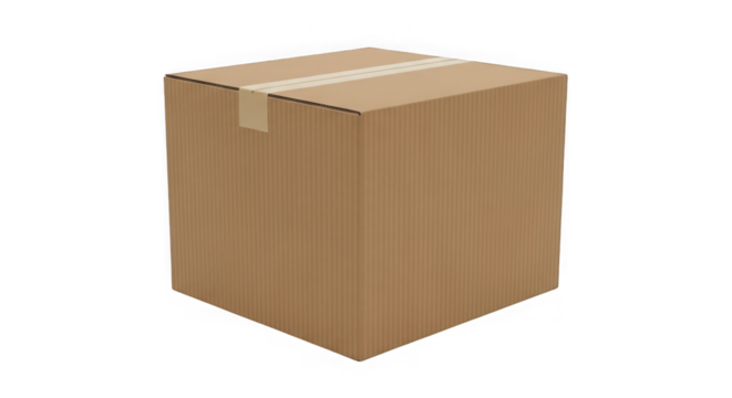 A tall closed cardboard shipping box with tape sealing the top seam isolated on transparent background