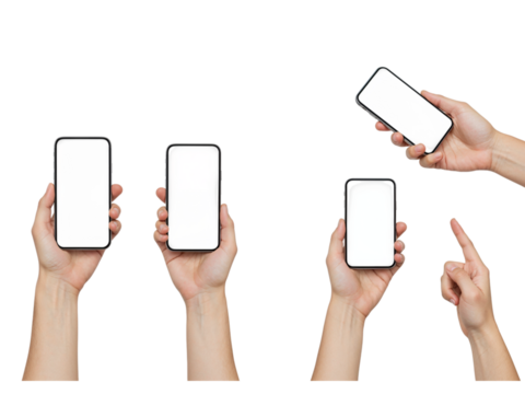 Multiple hands holding and interacting with modern smartphones on a dark background isolated on transparent background