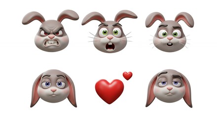 Cartoon rabbit faces various emotions