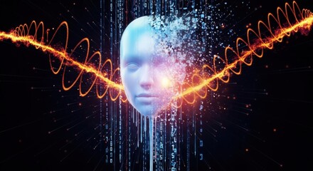 A stylized human face disintegrates into particles, flanked by glowing orange wave patterns against a dark background, representing technology or artificial intelligence.