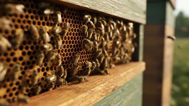 A wooden beehive with bees clustered on honeycombs and one bee in flight