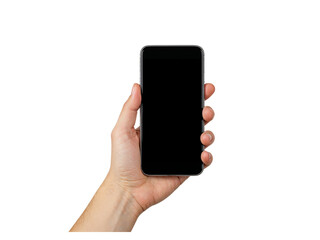 Human hand holding a modern smartphone with a blank black screen isolated on transparent background