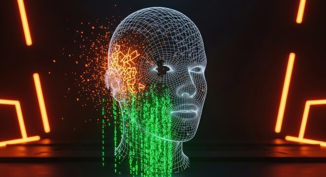 Digital head dissolving into glowing data streams, orange and green code particles. - Powered by Adobe